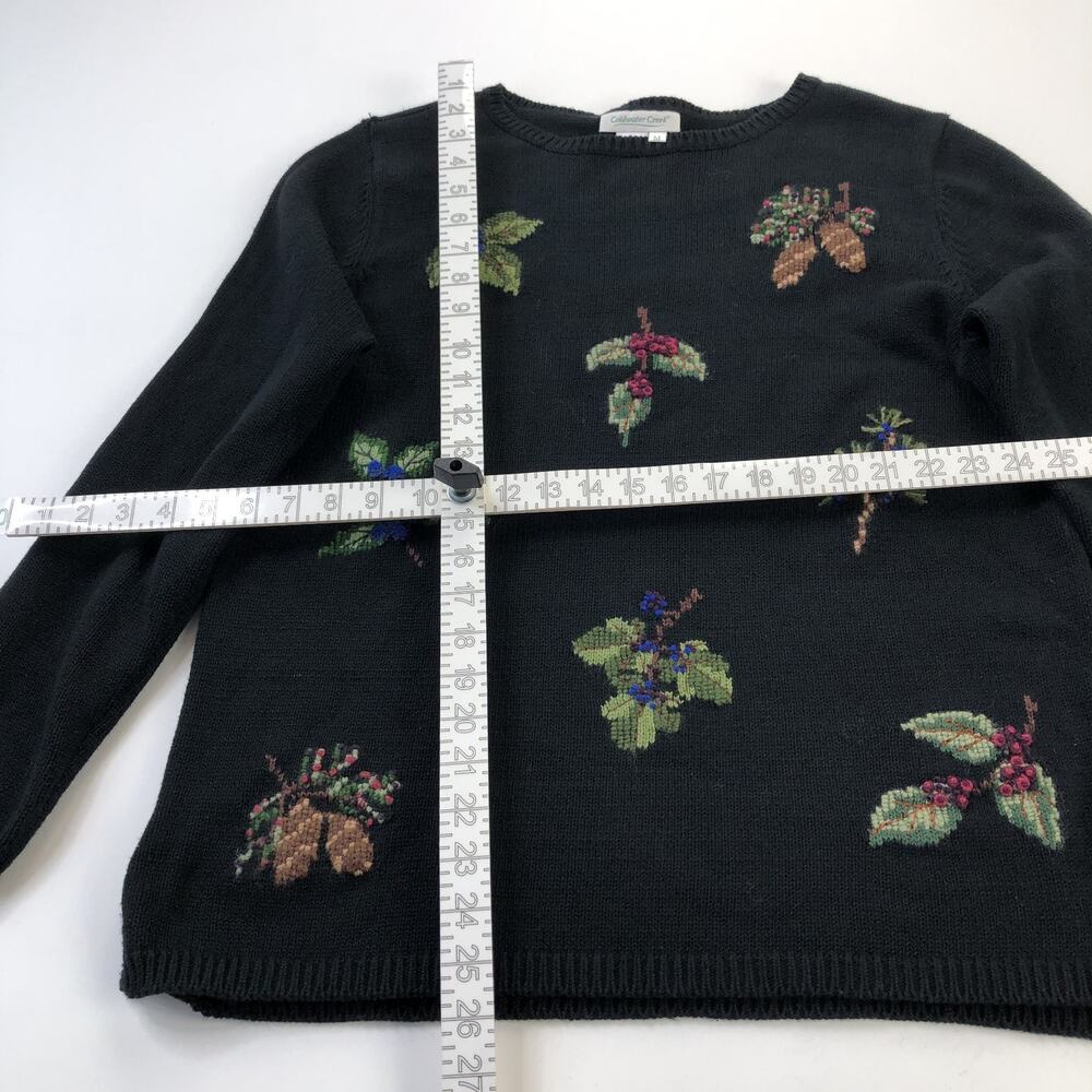 Coldwater Creek Medium Ramie Embroidered Holiday Leaf Pullover Sweater Black - Picture 3 of 10